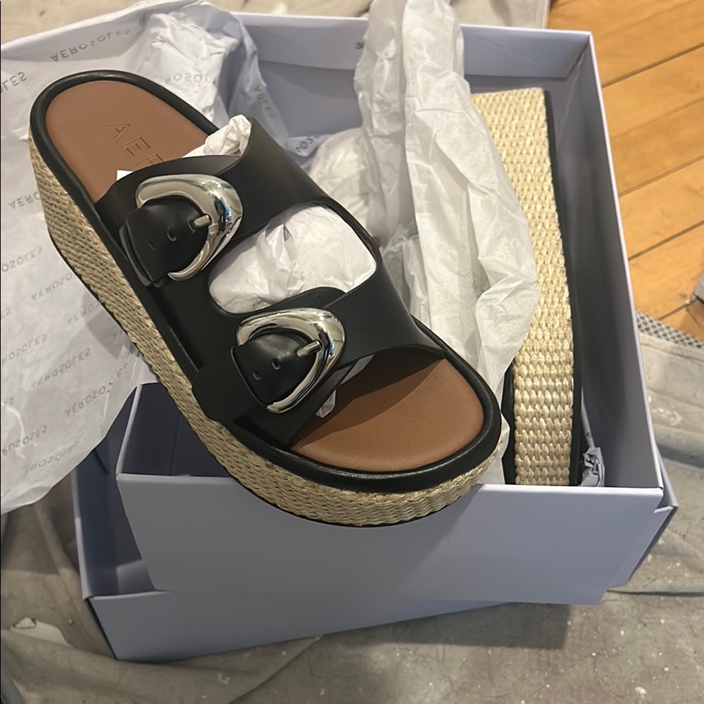 Black Platform Sandals with Silver Buckles